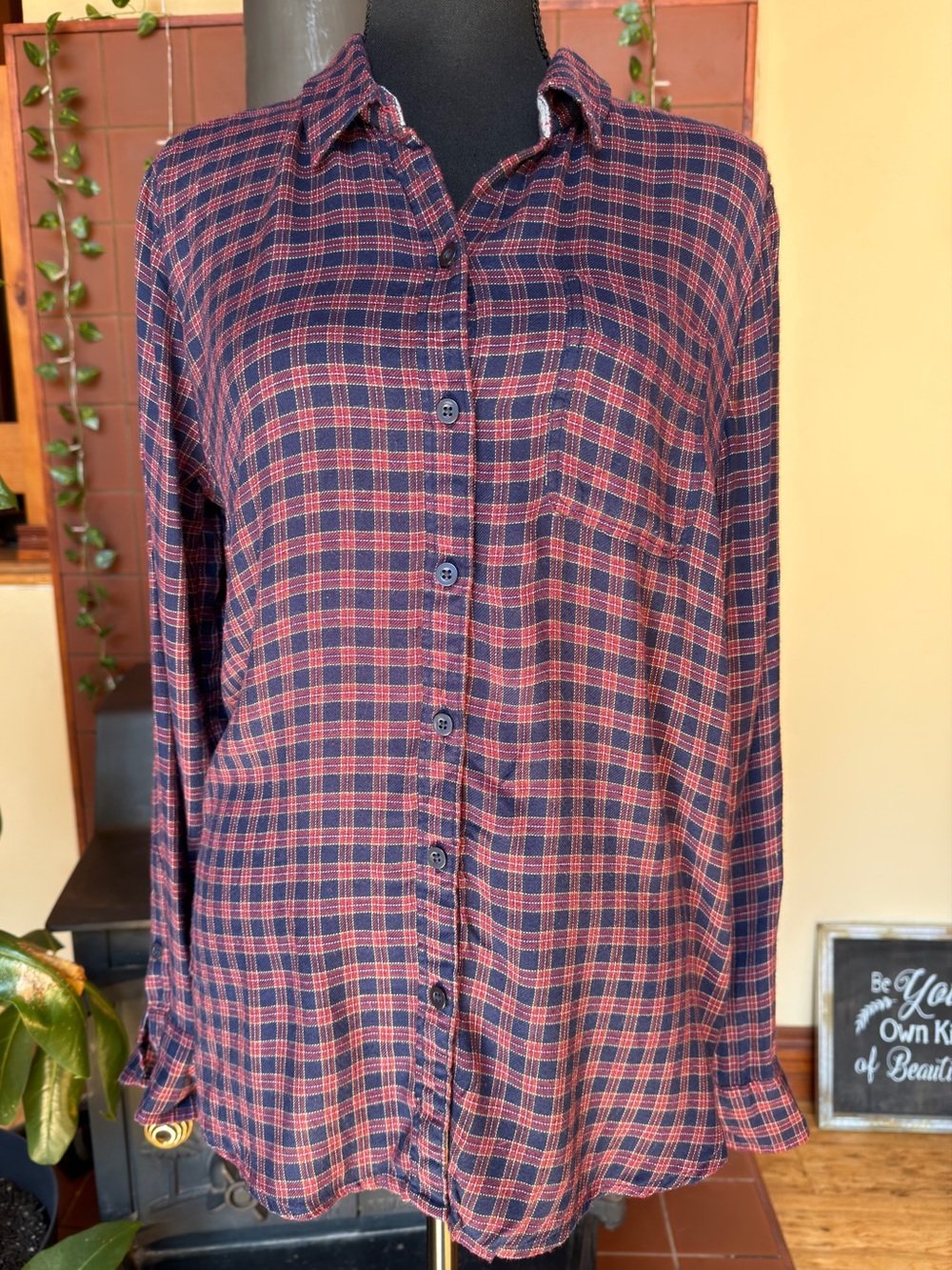 #378- Lucky Brand Navy and Red Plaid Button-Down Shirt